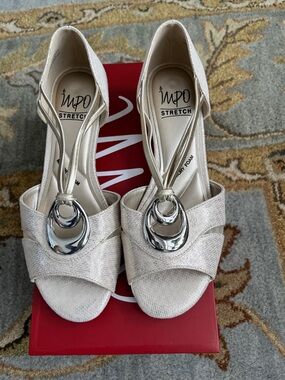 IMPO Metallic Cream Open-Toe Slingback Heels with Silver Accent